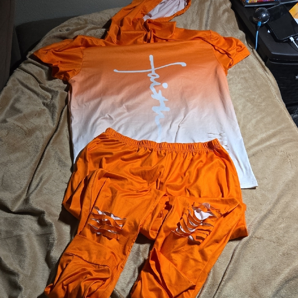 NWOT Orange and White Graphic Hoodie and Ripped Pants Set